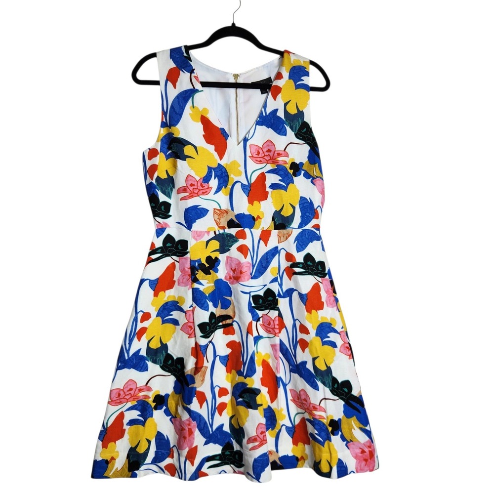 J.Crew Womens Floral V-Neck Fit and Flare Dress Lyocell Linen Multi-Color Size 8